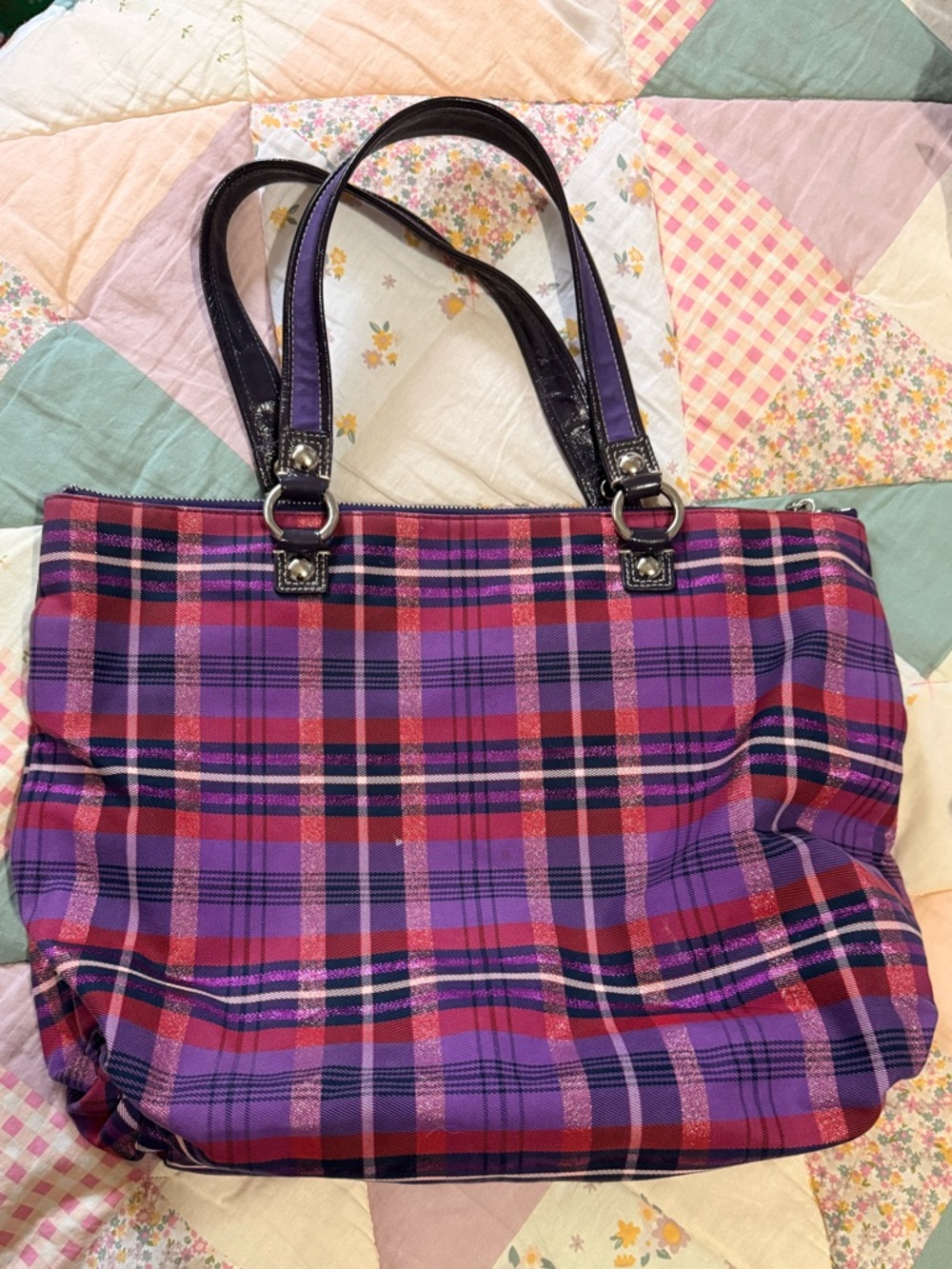 Coach Poppy Y2K Purple Plaid Travel Tote Bag with Zipper - Picture 2 of 5
